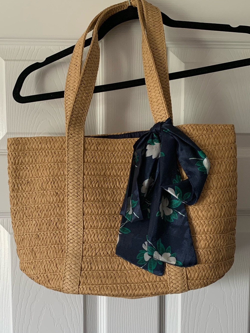 Tan Woven Tote Bag with Navy Floral Scarf